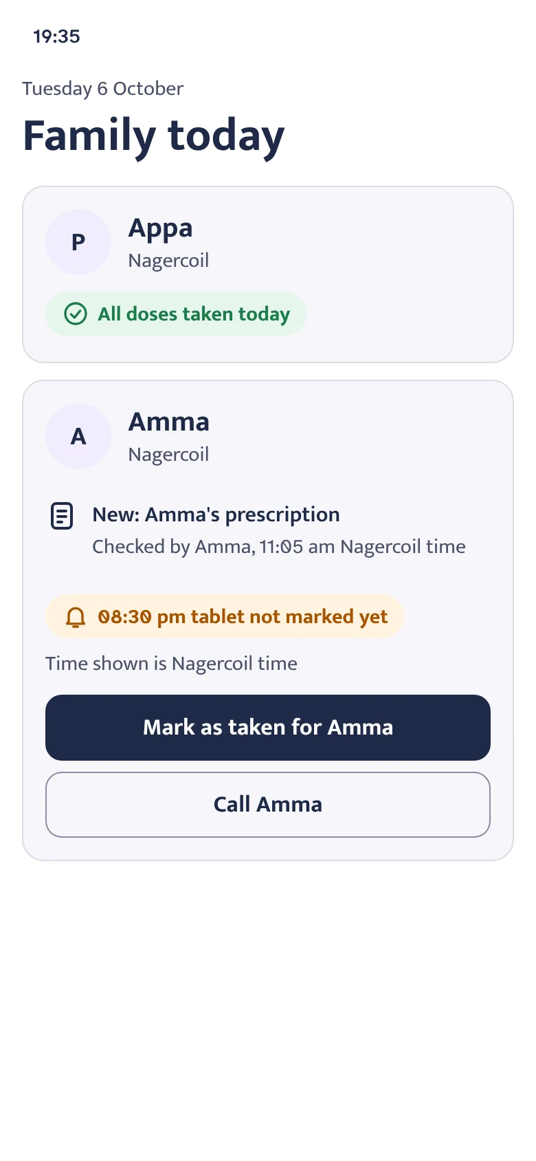 The same evening on their son's phone in Dubai: Appa has taken all doses today; Amma has checked her new prescription, and her 08:30 pm tablet, Nagercoil time, is not marked yet, with Mark as taken for Amma and Call Amma buttons.