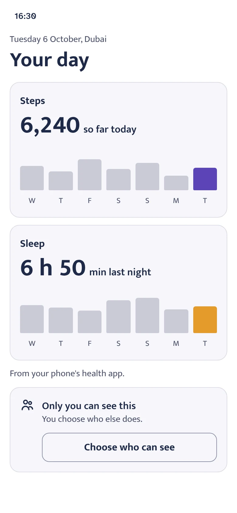 Their son's own day in Dubai, in English: 6,240 steps so far today and 6 hours 50 minutes of sleep last night, each with a week of simple bars, from his phone's health app. A card says only he can see this, with a button to choose who else can.